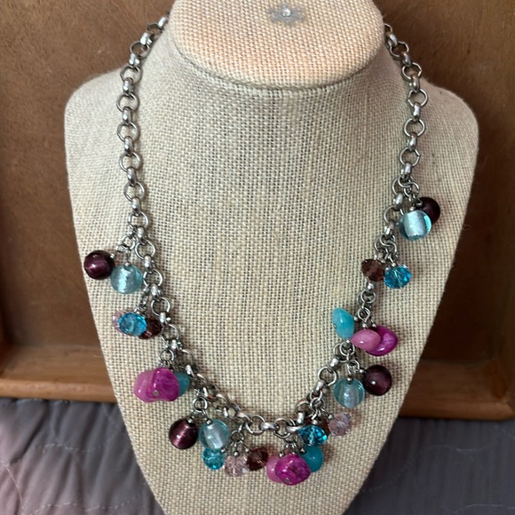 Silver tone Statement Necklace with faceted multi colored glass bead dangles - Picture 1 of 4